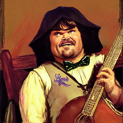 Image similar to D&D character portrait jack black as bard in a tavern playing a song but bad designed by Edwin Austin Abbey painted by john romita jr.