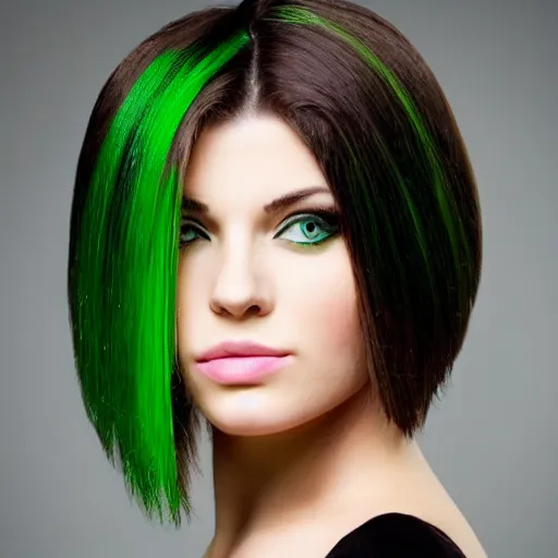 Image similar to brunette woman, flipped hairstyle, bright green eyes