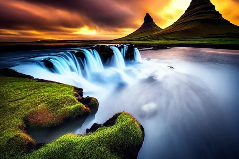 Image similar to amazing landscape photo of Kirkjufell by marc adamus, beautiful, dramatic lighting