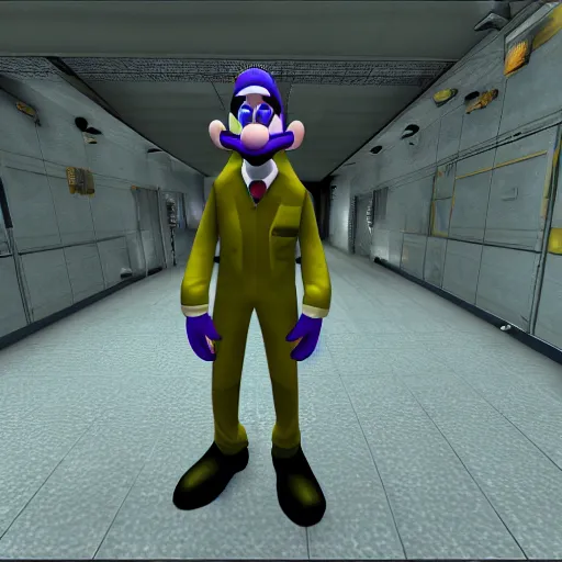 Prompt: waluigi in half life 1 wearing a scientist suit, screenshot from half life 1