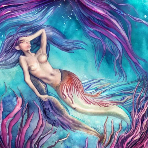 Image similar to watercolor beautiful mermaid swimming underwater, watercolor, hyperdetailed, 4 k, artstation,