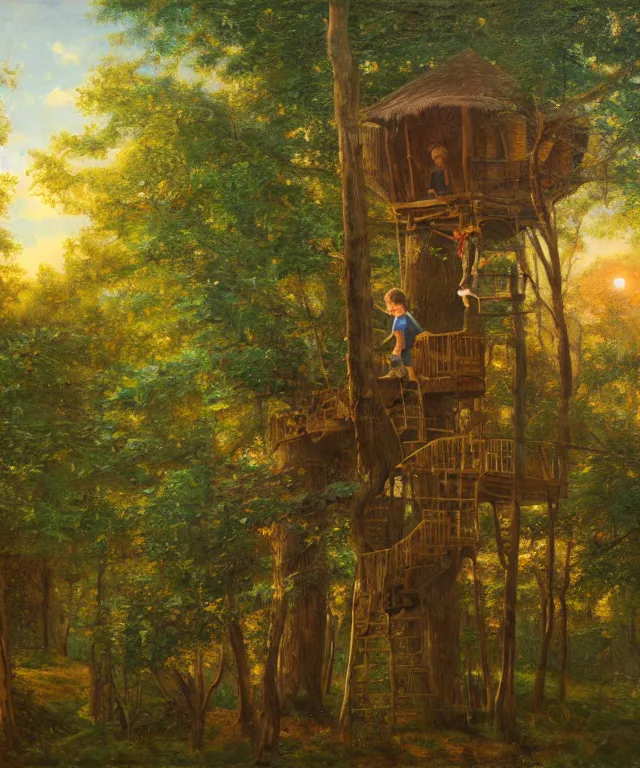 Image similar to masterful oil on canvas painting, eye - level view, shot from 5 0 feet distance, of a kid playing in a treehouse. in the background is a whimsical forest. golden hour, detailed, depth, volume, chiaroscuro, quiet intensity, vivid color palette.