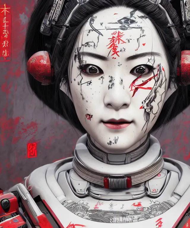 Image similar to an epic fantastic realism comic book style portrait painting of a japanese robotic geisha with kanji tattoos and decals, apex legends, octane render, intricate detail, 4 k hd, unreal engine 5