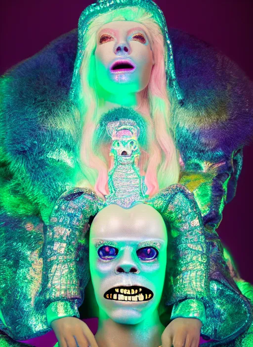 Prompt: photo of baroque and bladerunner delicate neon diamond sculpture of ceramic seductive albino prince diego villarreal rock and roll sticking tongue out, creamy pink iridescent humanoid deity wearing tiger fur hoody holding diamond skull in a green metallic dungeon, reclining, glowing rainbow face, crown of white diamonds, cinematic lighting, photorealistic, octane render 8 k depth of field 3 d