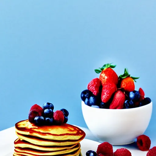 Image similar to a stack of pancakes, berries, blue painted wall, a portrait of a young lady, a bowl of sugar