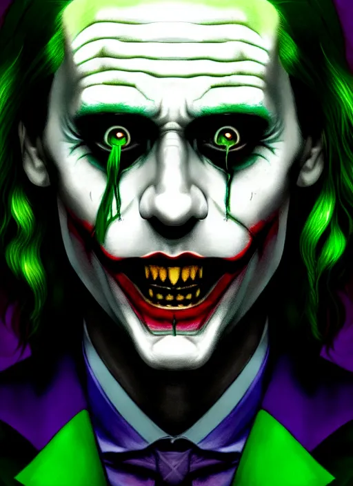 Image similar to portrait of jared leto as the joker, green hair, intricate, elegant, glowing lights, highly detailed, digital painting, artstation, concept art, sharp focus, illustration, art by wlop, mars ravelo and greg rutkowski