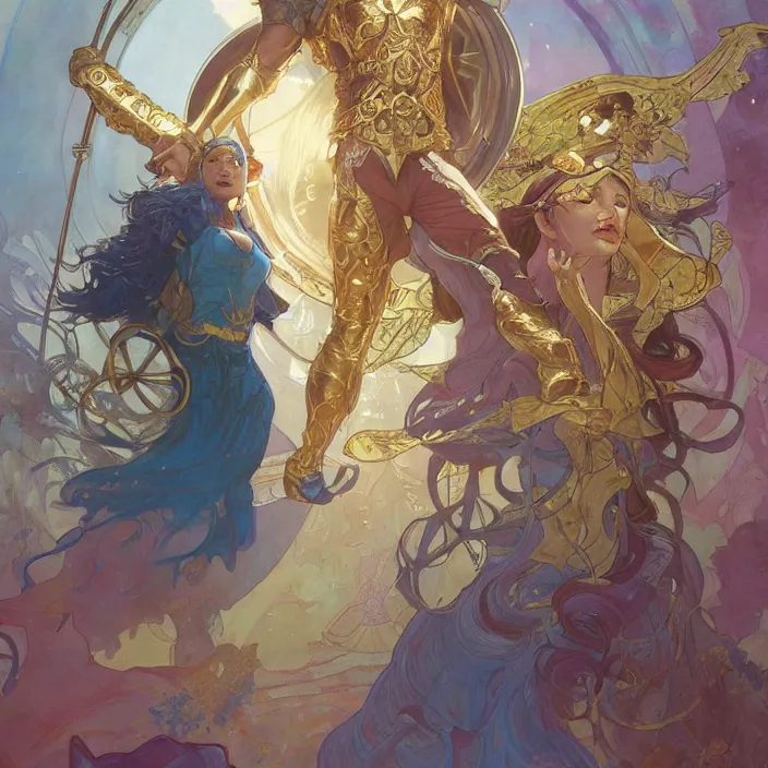 Prompt: gatot kaca as super heroes, closed up portrait,, highly detailed, gold filigree, romantic storybook fantasy, soft cinematic lighting, award, disney concept art watercolor illustration by mandy jurgens and alphonse mucha and alena aenami, pastel color palette, featured on artstation