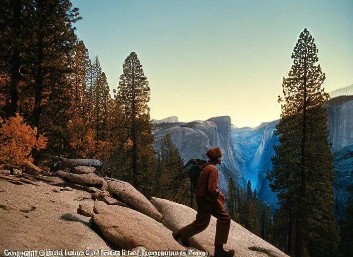Image similar to a 2 8 mm macro kodachrome photo of a man hiking in yosemite national park in the 1 9 5 0's, seen from a distance, bokeh, canon 5 0 mm, cinematic lighting, film, photography, golden hour, depth of field, award - winning