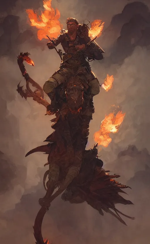 Prompt: '' Portrait of a rugged half-wyvern adventurer breathing fire, d&d, fantasy, high-body detail, digital painting, artstation, concept art, sharp focus, illustration, art by greg rutkowski and alphonse mucha ''