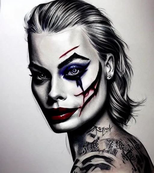 Image similar to tattoo design sketch of beautiful margot robbie portrait with joker makeup, in the style of den yakovlev, realistic face, black and white, realism tattoo, hyper realistic, highly detailed