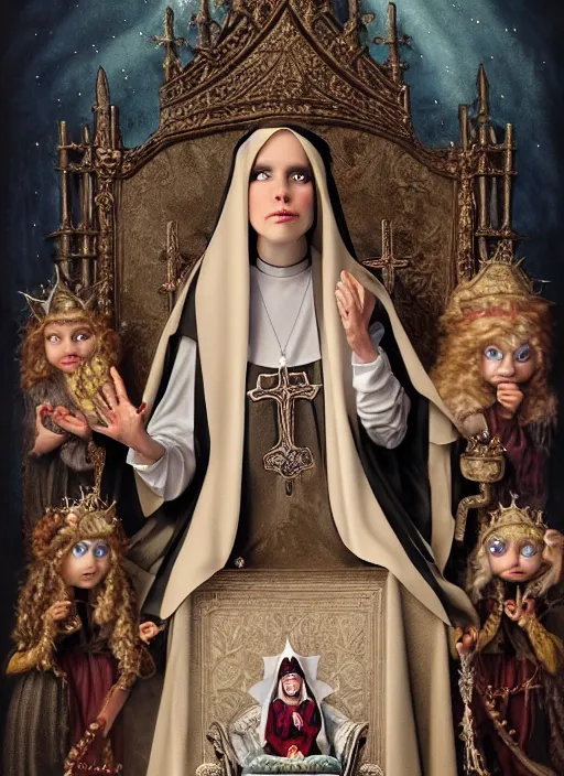 Prompt: highly detailed closeup portrait of a goth fairytale nun princess wearing a crown and sitting on a throne, surrounded by medieval goblins, unreal engine, nicoletta ceccoli, mark ryden, earl norem, lostfish, global illumination, god rays, detailed and intricate environment