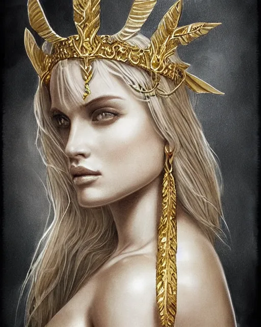 Image similar to tattoo design sketch of hot blonde super model as aphrodite greek goddess wearing a gold laurel wreath and triangle earrings, beautiful piercing gaze with sharp pupils, in the style of greg rutkowski, fantasy, amazing detail, epic, elegant, smooth, sharp focus, front view