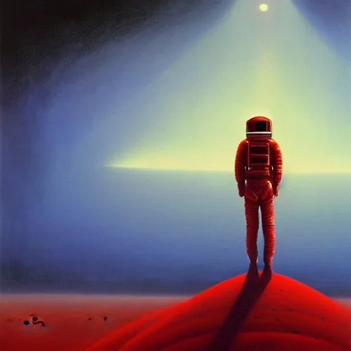 Image similar to long shot of among us red astronaut without arms, space ship in the background, amogus, art by zdzislav beksinski, high quality, dark hues, higly detailed, oil painting