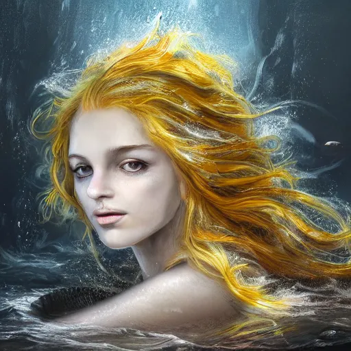 Prompt: Portrait of a sunken ship, mermaid, face, orange flowing hair, fantasy, intricate, elegant, beautiful, magical, large grey eyes, luminescent, enchanted, yellow mist, highly detailed, hyper realistic, digital painting, artstation, concept art, smooth, sharp focus, 4k, 8k