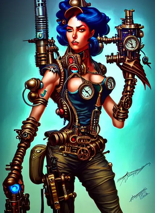 Image similar to front portrait of attractive Lady Mechanika standing while holding retro guns that wrap their arms, Intricate steampunk imagery , D&D!, fantasy style, sharp focus!, ultra detailed, art by Artgerm and Peter Andrew Jones, WLUP