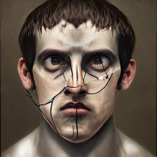 Image similar to surreal portrait of a man by Greg Rutkowski, symmetrical face, he is about 30 years old, short black hair with bangs, his features are a mix between French, Turkish and Russian, transformed into a kind of biomechanical transhuman god, uncany but fascinating, expression of epiphany and determination, cosmic void background, frightening, fascinating, highly detailed portrait, digital painting, book cover, artstation, concept art, smooth, sharp foccus ilustration, Artstation HQ