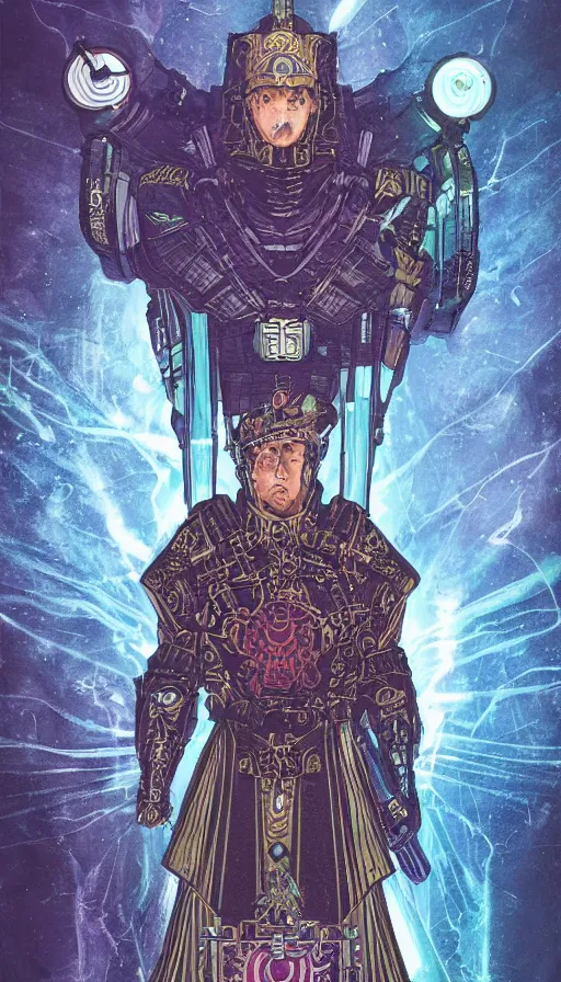 Image similar to a tarot card of the emperor, cyberpunk themed art, concept art