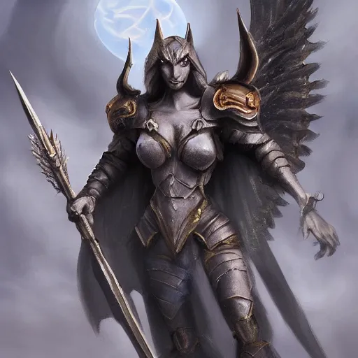 Image similar to disney's gargoyles!!!! female!! winged warrior! flaming sword ( devilish smile ) ( ( plate armor ) ) ( ( ( shield ) ) ), fantasy painting, concept art, 4 k