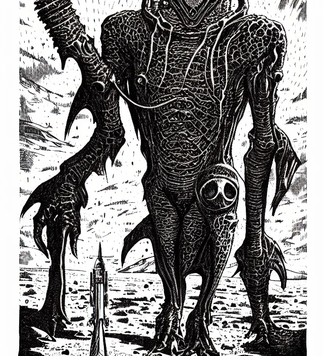 Image similar to a roswell alien with a ray pistol as a d & d monster, pen - and - ink illustration, etching, by russ nicholson, david a trampier, larry elmore, 1 9 8 1, hq scan, intricate details, high contrast, no background
