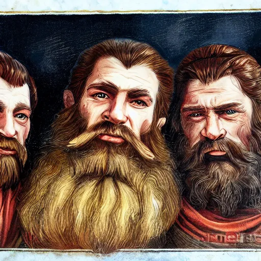 Prompt: Realistic, portrait, three Dwarf Brothers, jolly, dungeons and Dragons, medieval painting