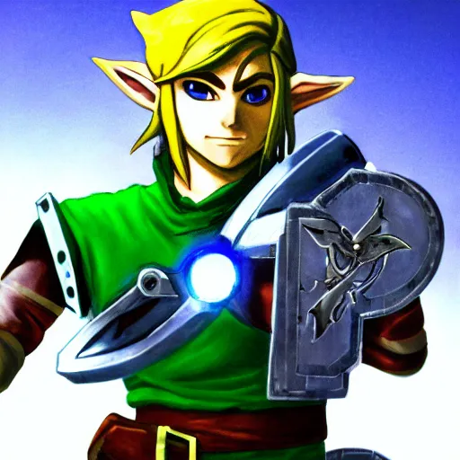 Prompt: link from zelda as a cyborg warrior robot