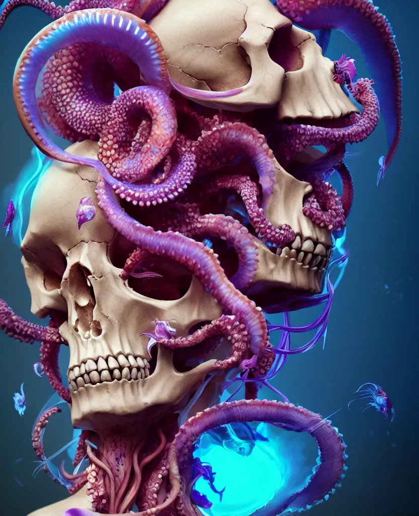 Image similar to goddess close - up portrait human skull, ram skull, squid phoenix jellyfish, orchid, betta fish, bioluminiscent, intricate artwork by tooth wu and wlop and beeple. octane render, trending on artstation, greg rutkowski very coherent symmetrical artwork. cinematic, hyper realism, high detail, octane render, 8 k