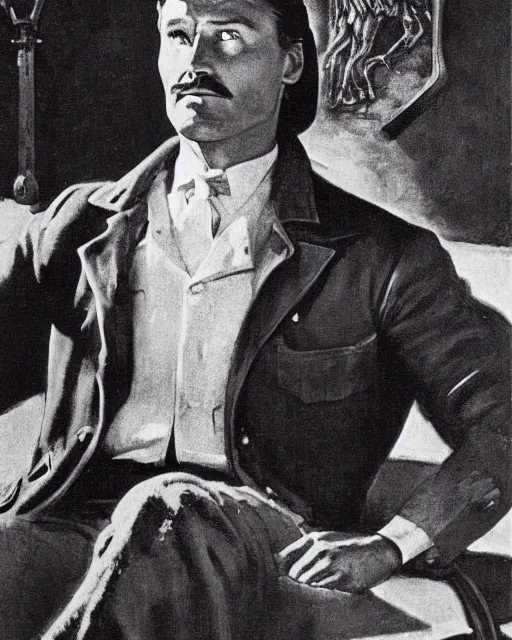 Image similar to Errol Flynn as a scientist. 1980s dystopian Soviet Russia, propaganda screens. Fantasy art by Gustave Courbet, Rosa Bonheur, Edward Hopper, Ilya Yefimovich Repin, Jean-François Millet, Andrew Newell Wyeth. Faithfully depicted facial expression, perfect anatomy, sharp focus, global illumination, radiant light, detailed and intricate environment, trending on ArtStation