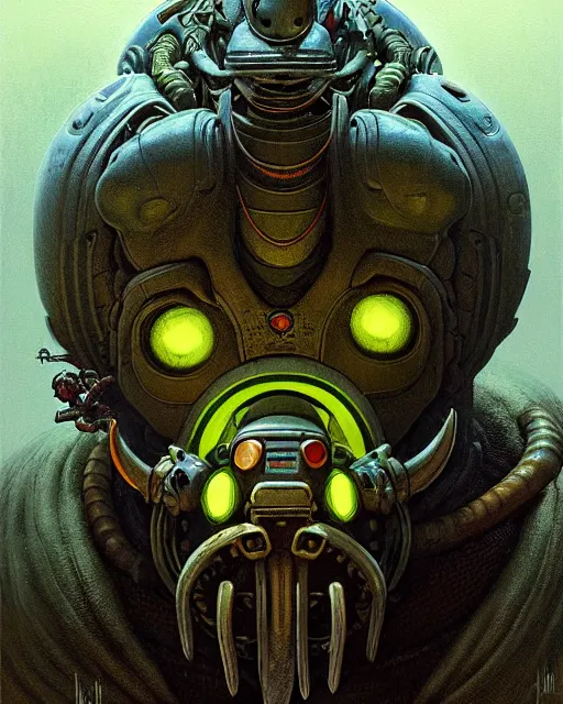 Prompt: orisa from overwatch, character portrait, portrait, close up, concept art, intricate details, highly detailed, horror poster, horror, vintage horror art, realistic, terrifying, in the style of michael whelan, beksinski, and gustave dore