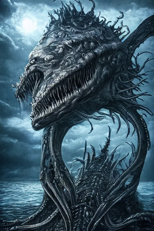 Image similar to elon musk as a scary sea monster, photorealistic, cinematic lighting, highly detailed, very intricate, by hr giger