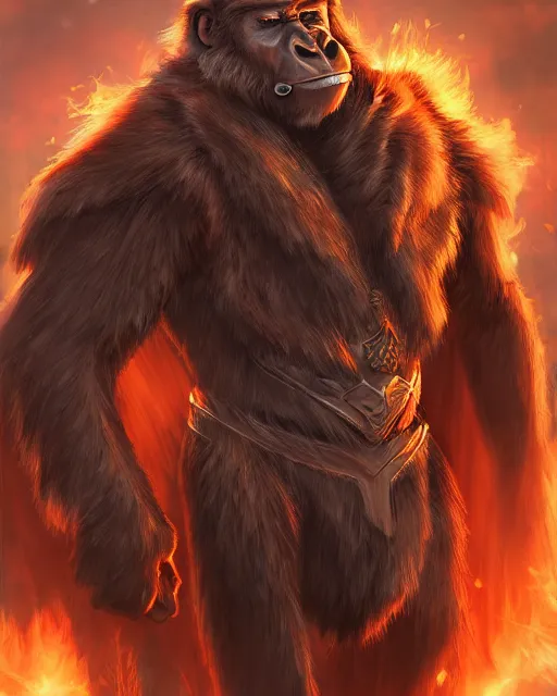 Image similar to fury art, an anthro ape wearing a large cape and a fantasy armor, fiery background, 3 d, 8 k, extremely detailed, trending on furaffinity, trending on artstation, award winning, sharp focus, illustration