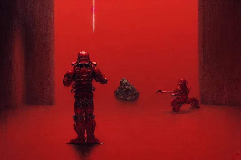 Image similar to only with red, a red cyborg samurai, tokio futuristic in background, some evil yokai fight, in the style of beksinski, parts by edward hopper, parts by rodcenko, parts by yue minjun, intricate and epic composition, red by caravaggio, insanely quality, highly detailed, masterpiece, red light, artstation, 4 k