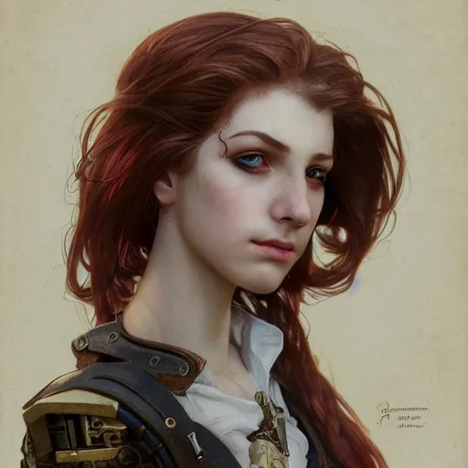 Prompt: portrait of a young female steampunk fighter, headshot, hyper realistic, pale skin, 4k, rule of thirds, extreme detail, detailed drawing, trending artstation, hd, fantasy, D&D, realistic lighting, by Alphonse Mucha, Greg Rutkowski, sharp focus, backlit, elegant