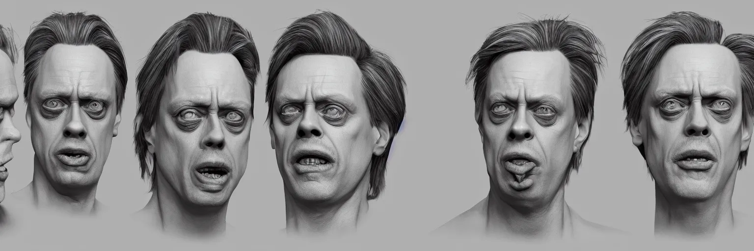 Image similar to character study of steve buscemi and gary busey, clear faces, wild, crazy, character sheet, fine details, concept design, contrast, kim jung gi, pixar and da vinci, trending on artstation, 8 k, full body and head, turnaround, front view, back view, ultra wide angle