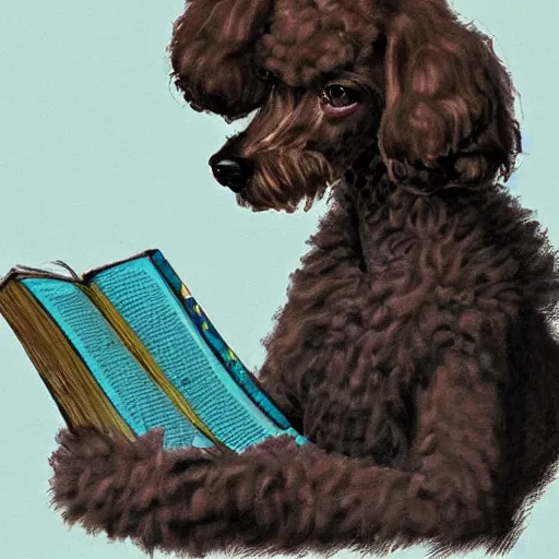 Prompt: “portrait of a poodle reading a book, artstation, high detailed”