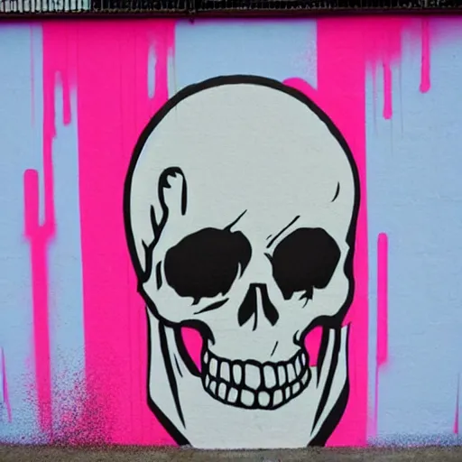 Prompt: a skull spray painted on a wall with dripping pink spray paint, pixel art