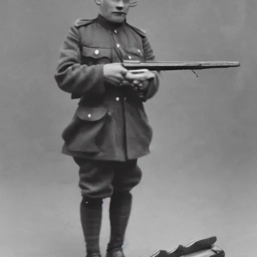 Prompt: a ww1 soldier holding a wooden toy rifle, black and white grainy photograph