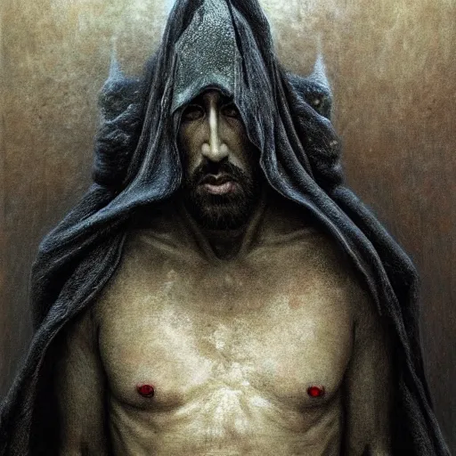 Prompt: Nicolas Cage as god of chaos in a hood dark fantasy, intricate, smooth, artstation, painted by zdislav beksinski