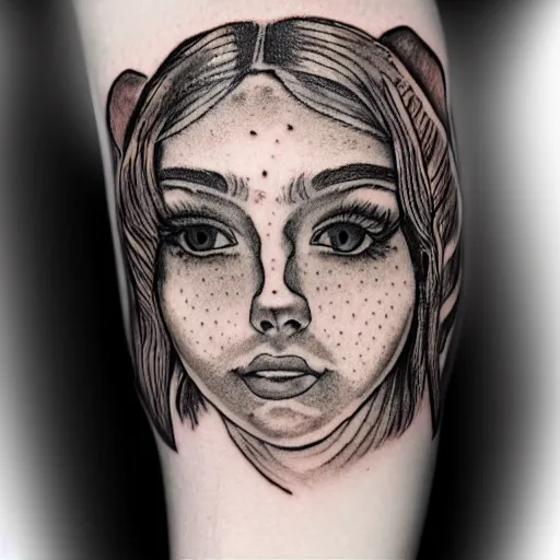 Image similar to tattoo design of a beautiful girl face, above the girls head there is a tiger, hyper detailed, in the design of eliot kohek