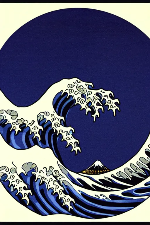 Image similar to Patrick Nagel Poster of The Great Wave off Kanagawa, White Moon in the background, Mount Fuji, box art