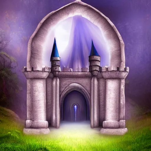 Image similar to a majestic portal to another dimension. an ethereal castle is visible through the portal. hd digital art