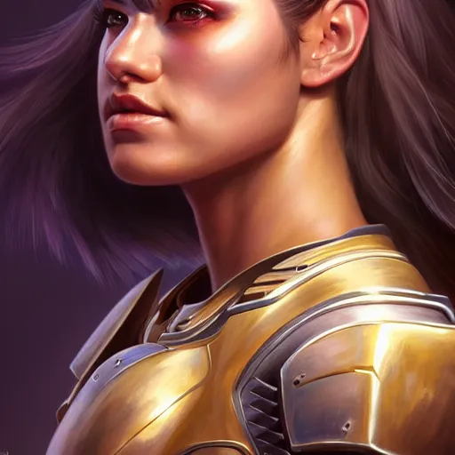 Prompt: a portrait of a very beautiful warrior woman in powerarmor, Alexandria\'s genesis, chin-length multicolored hair, bored, illustration, soft lighting, soft details, painting oil on canvas by mark arian by artgerm, trending on artstation, 4k, 8k, HD