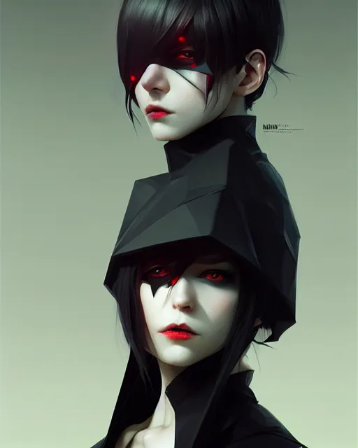 Image similar to sharp hq rendering, dark vampire, character portrait, concept art, painterly, fanart, highly detailed in the style of wlop by ilya kuvshinov, wenjun lin, angular asymmetrical design