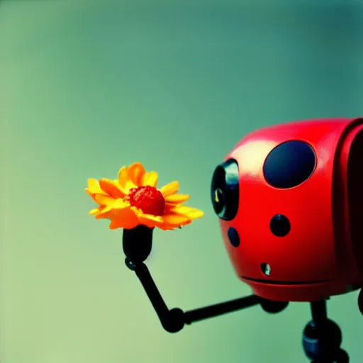 Image similar to a cute tiny robot is holding a big flower up above its head, a ladybug is beside the robot, award winning macro photography, kodak ektar, dramatic lighting