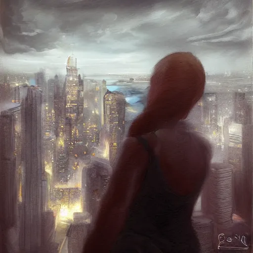 Prompt: “ a girl standing on a ledge looking down at a futuristic new york city below, storm clouds, digital art, hyper - realism, sketch by craig mullins ”