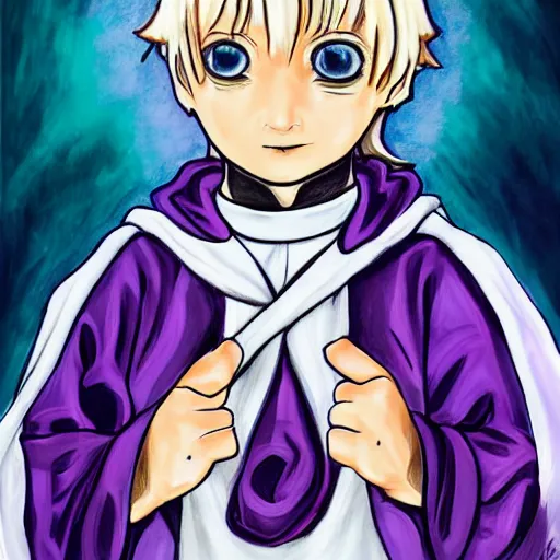 Prompt: little boy wearing nun outfit, blonde hair, blue eyes. purple and black color palate, detailed soft painting, made in abyss art style, inspired in hirohiko araki, anatomically correct