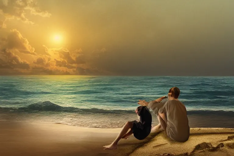 Image similar to a matte painting of a man watching the sunset by the beach, illustration, intricate details, muted colors