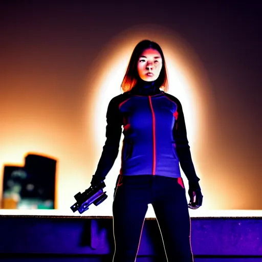 Image similar to photographic portrait of a techwear woman holding a Glock 18, closeup, on the rooftop of a futuristic city at night, sigma 85mm f/1.4, 4k, depth of field, high resolution, 4k, 8k, hd, full color