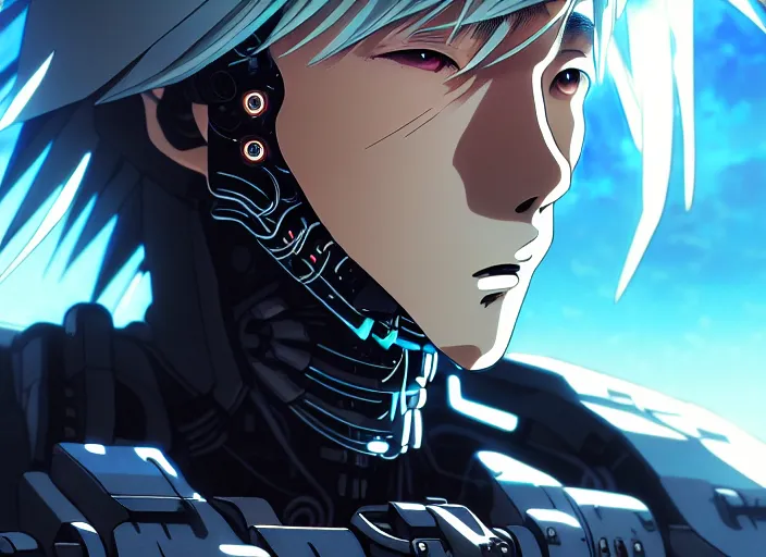 Prompt: a anime portrait of a cyborg raiden, finely detailed features, closeup at the face, sharp focus, perfect art, night - time city background, cinematic lighting, highly detailed, intricate, anime, illustration, artstation, trending on pixiv fanbox, painted by greg rutkowski, studio ghibli, yoji shinkawa, hayao miyazaki,