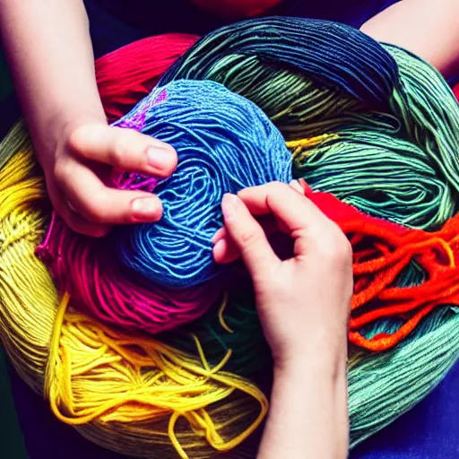 Image similar to photo of person eating a plate of colorful yarn like spaghetti