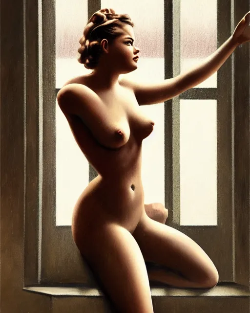Image similar to photo of sasha pieterse in 1 9 3 0 s penthouse rainy window, oil painting, by enoch bolles, greg rutkowski, ross tran, artgerm, wlop glossy skin, intricate architectural detail, pearlescent, very coherent, cute